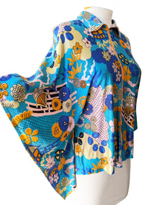Vintage Psychedelic Aqua Floral Print Poncho Blouse
