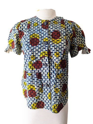 Vintage Ethnic Blue Red Circle Print Blouse