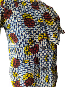 Vintage Ethnic Blue Red Circle Print Blouse