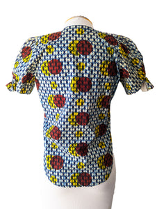 Vintage Ethnic Blue Red Circle Print Blouse