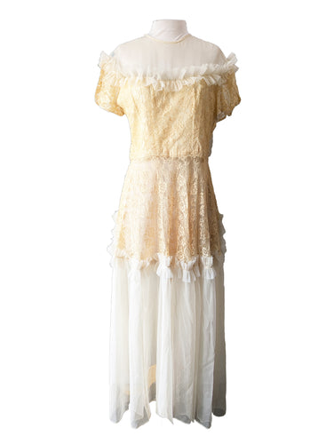 Antique Victorian Cream Lace and Tulle Wedding Dress As-Is