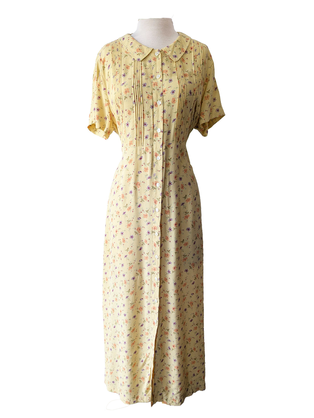 Vintage Yellow Floral Rayon 90s Shirt Dress