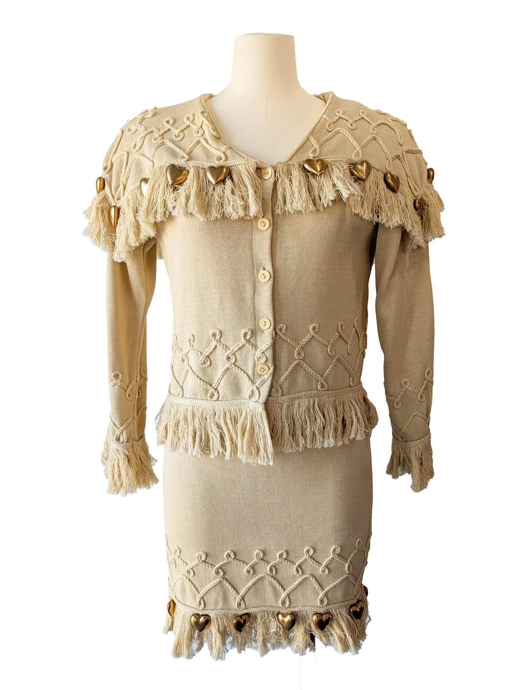 Claude Barthelemy Dusty Yellow Knit Skirt Set with Metal Hearts