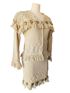 Claude Barthelemy Dusty Yellow Knit Skirt Set with Metal Hearts