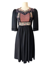 Vintage Young Edwardian Black Floral Bib Polyester Dress
