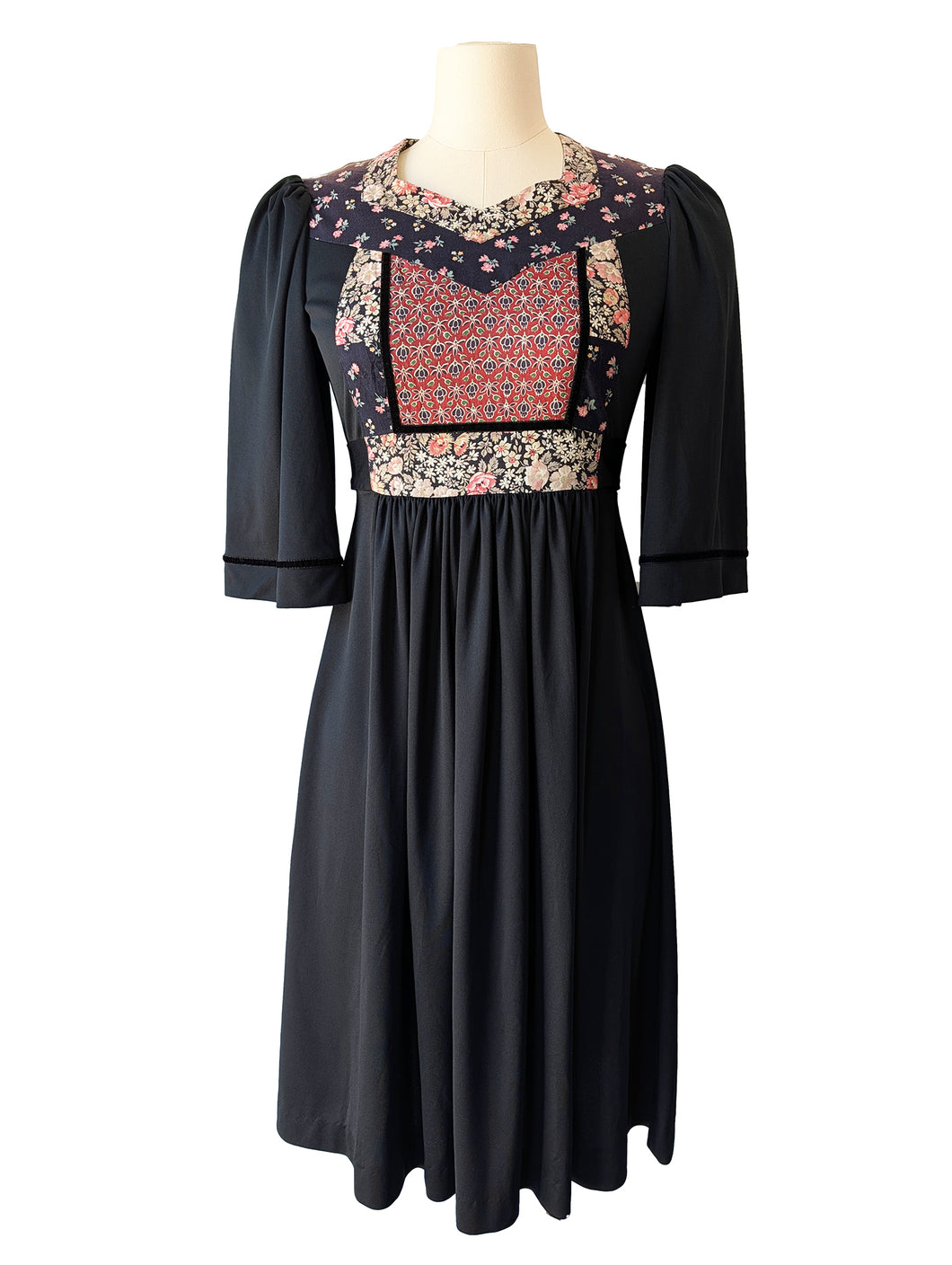 Vintage Young Edwardian Black Floral Bib Polyester Dress