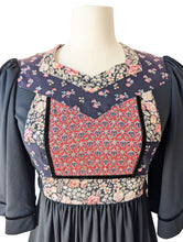 Vintage Young Edwardian Black Floral Bib Polyester Dress