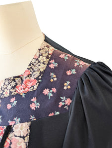 Vintage Young Edwardian Black Floral Bib Polyester Dress