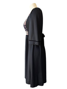 Vintage Young Edwardian Black Floral Bib Polyester Dress