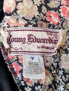 Vintage Young Edwardian Black Floral Bib Polyester Dress