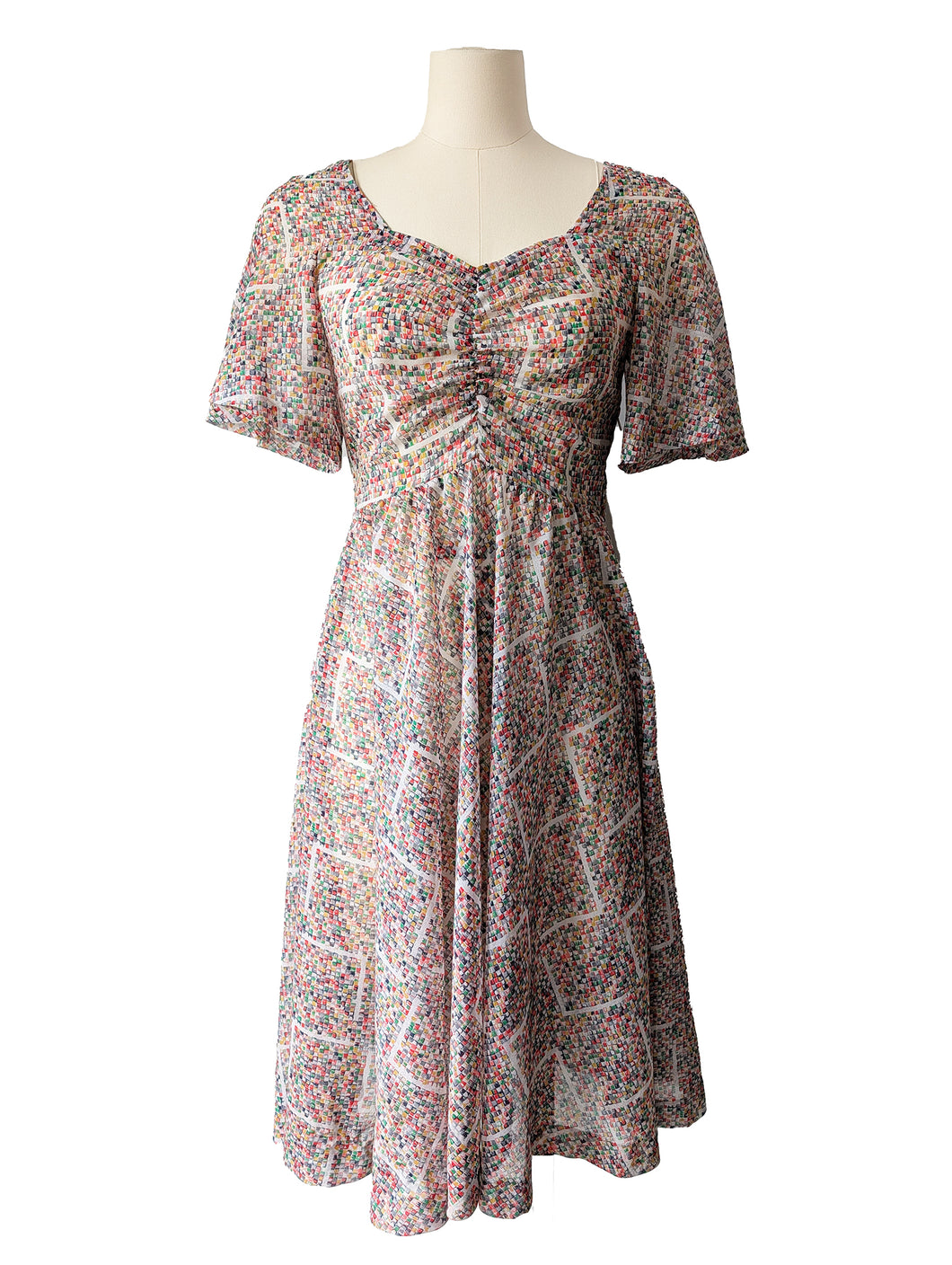 Vintage Red, Blue, and Yellow Printed Flutter-sleeve Polyester Dress