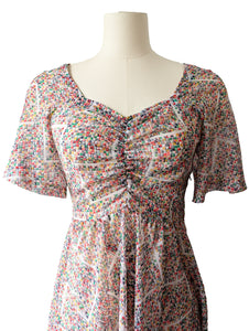 Vintage Red, Blue, and Yellow Printed Flutter-sleeve Polyester Dress
