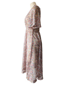 Vintage Red, Blue, and Yellow Printed Flutter-sleeve Polyester Dress