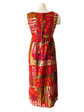 Vintage Made in Hawaii Red, Orange, + Brown Aloha Maxi Dress