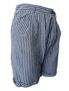 Blue + White Striped Linen Drop Crotch Shorts