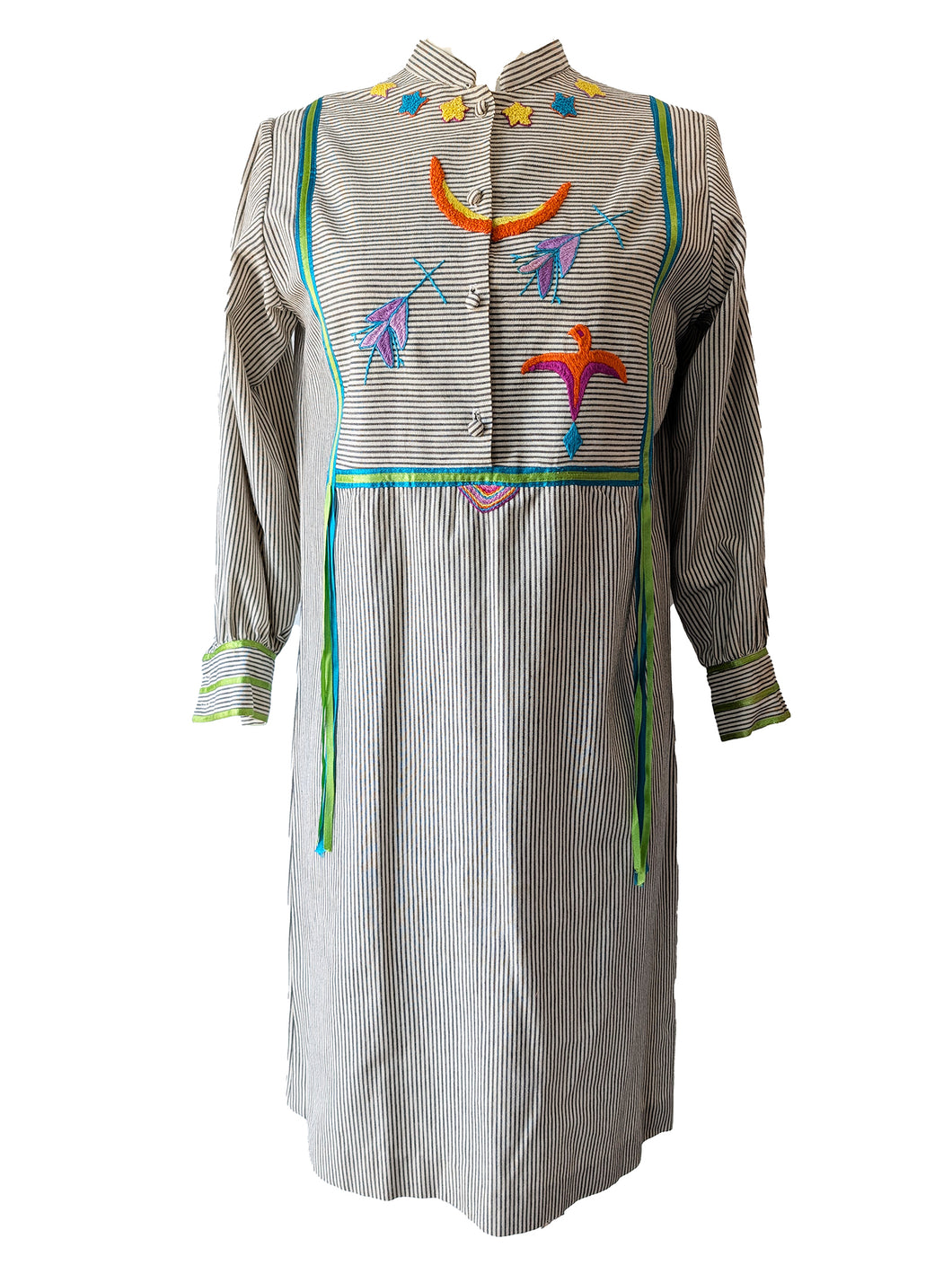 Josefa Black + White Striped Embroidered Bird Dress