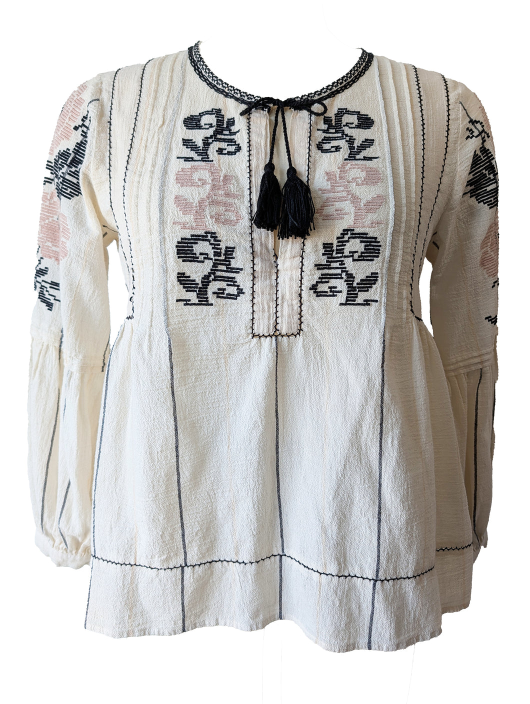 Ulla Johnson Embroidered Pink, White + Black Peasant Top