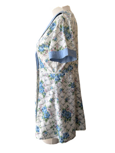 Vintage White and Blue Floral Print Cotton Apron-Style Top