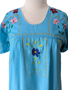 Vintage Aqua Mexican Embroidered Maxi Dress