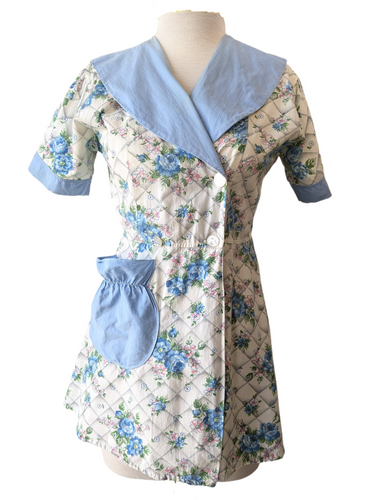 Vintage White and Blue Floral Print Cotton Apron-Style Top