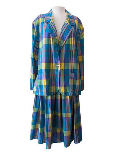 Leslie Fay Aqua Purple and Yellow Plaid Skirt Set