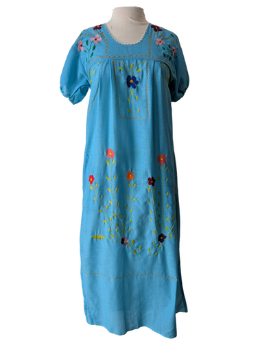Vintage Aqua Mexican Embroidered Maxi Dress
