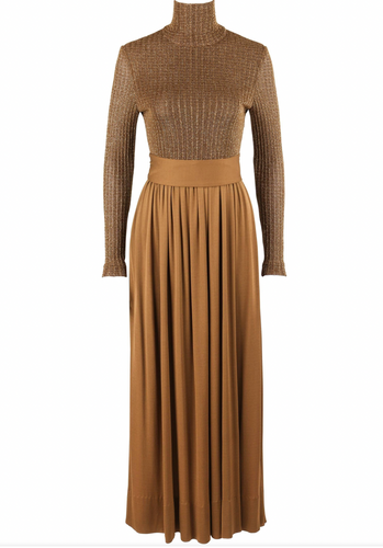 RODRIGUES c.1970's Bronze Metallic Knit Long Sleeve Cocktail Evening Gown