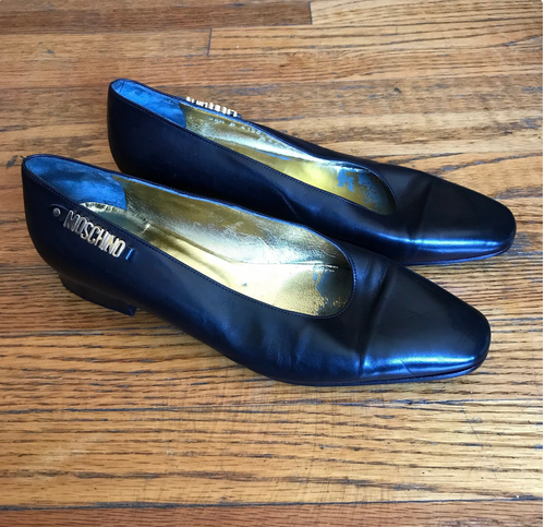 Vintage Moschino Black leather Heels With Gold Lettering