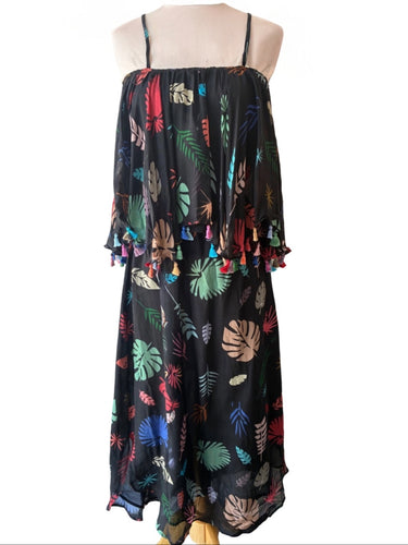 Carolina K Black Silk Tiered Monstera Print Dress