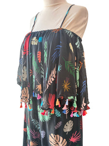 Carolina K Black Silk Tiered Monstera Print Dress