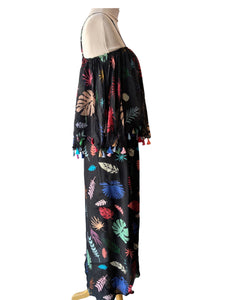 Carolina K Black Silk Tiered Monstera Print Dress