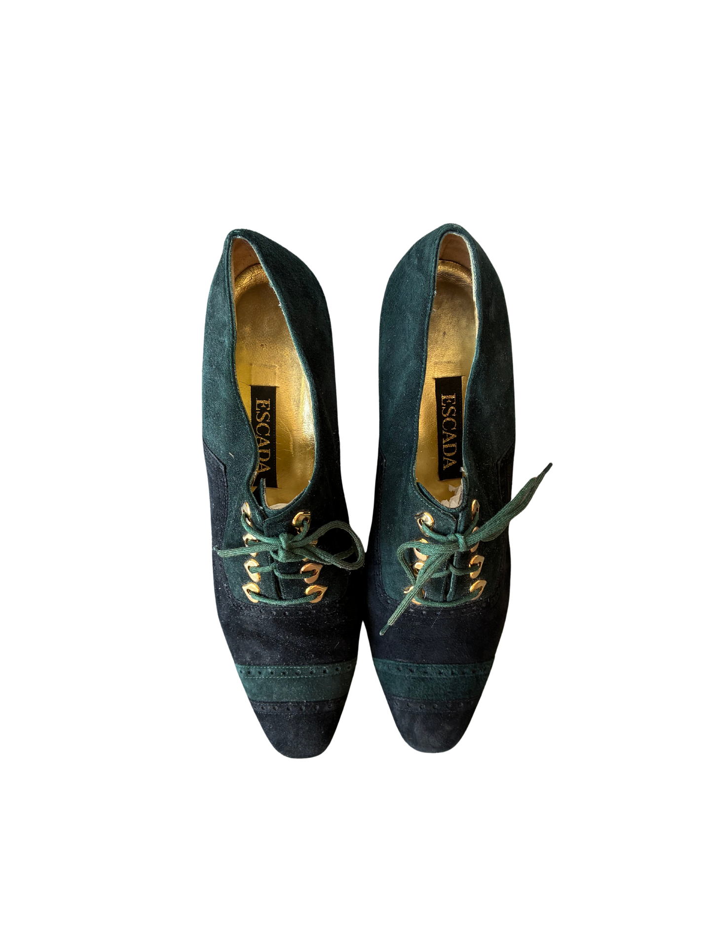 Vintage Escada Green Suede Heart Detail Lace-Ups 7.5 - The Curatorial Dept.