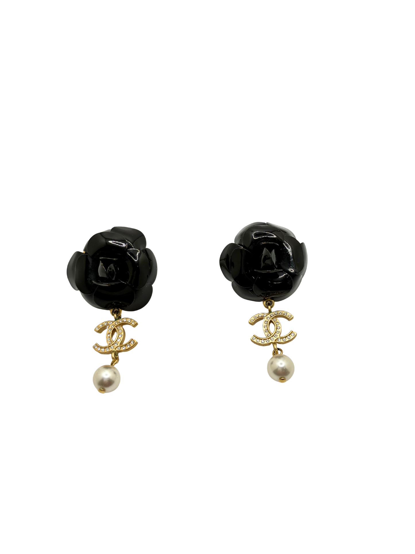 CHANEL Black Camellia Earrings - The Curatorial Dept.