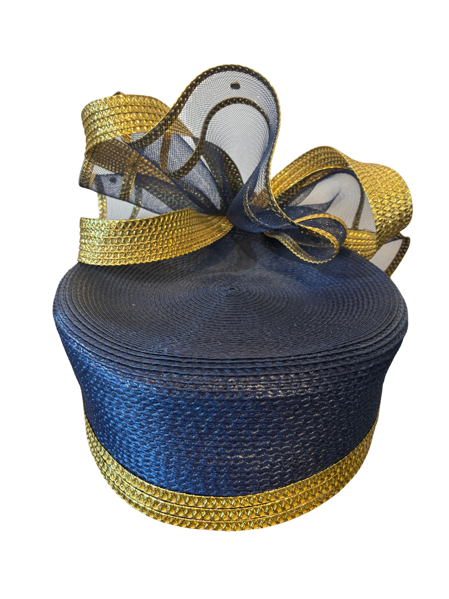 Mr. Hi's Classic Blue Pillbox Hat with Gold Accents - The Curatorial Dept.