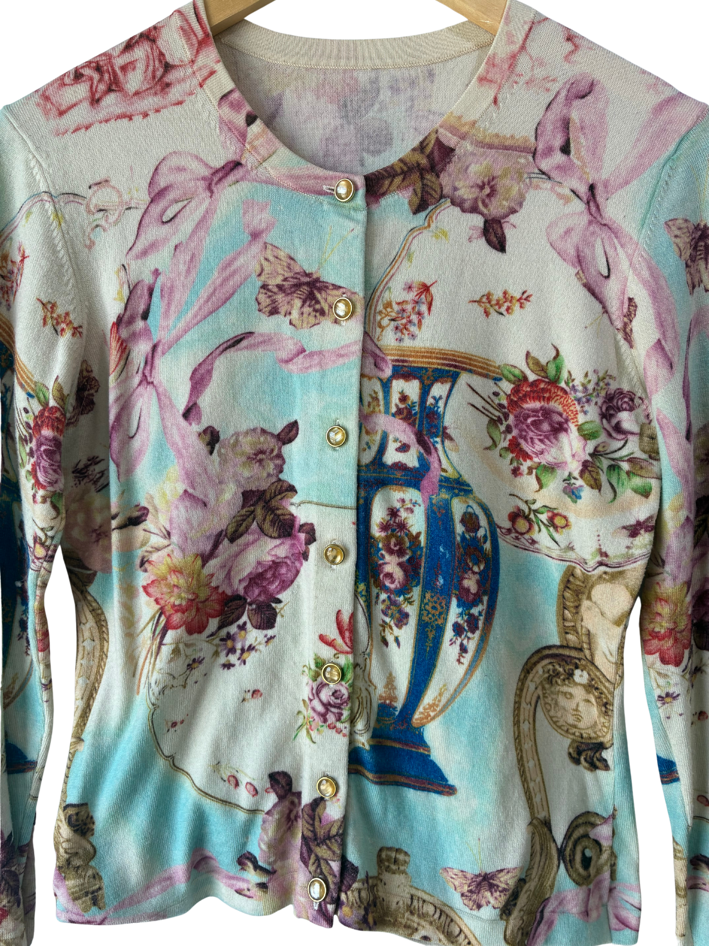 Vintage Mint and Cream Floral and Butterfly Print Cardigan - The Curatorial Dept.