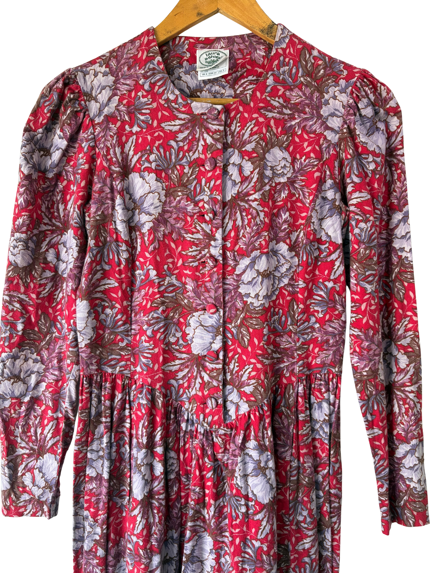 laura ashley red dress 80s Laura Ashley Dress Red Cotton Floral Print w/Short Sleeves