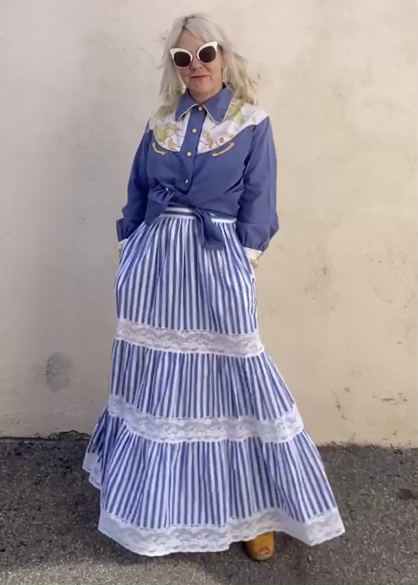 Loretta Caponi Blue and White Striped Maxi Skirt with Lace
