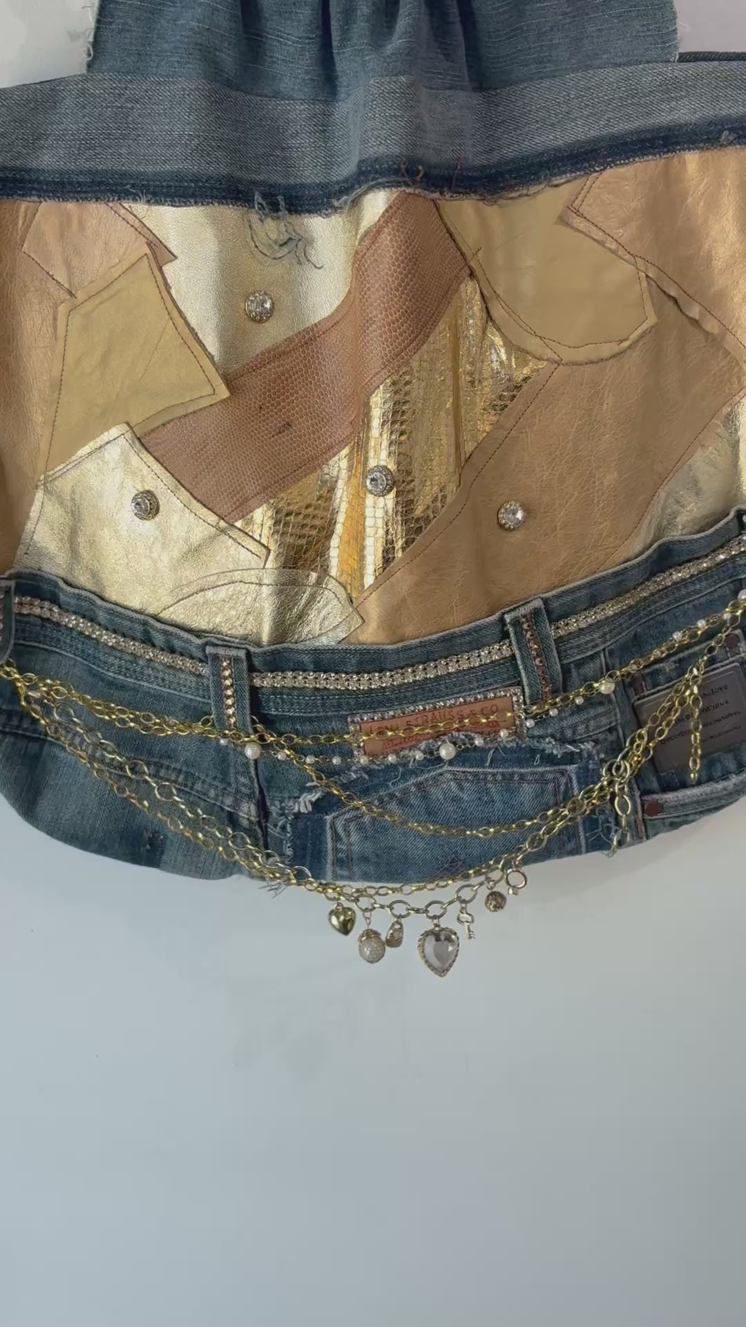 Upcycled Jeans and Gold Leather Jeweled Bag