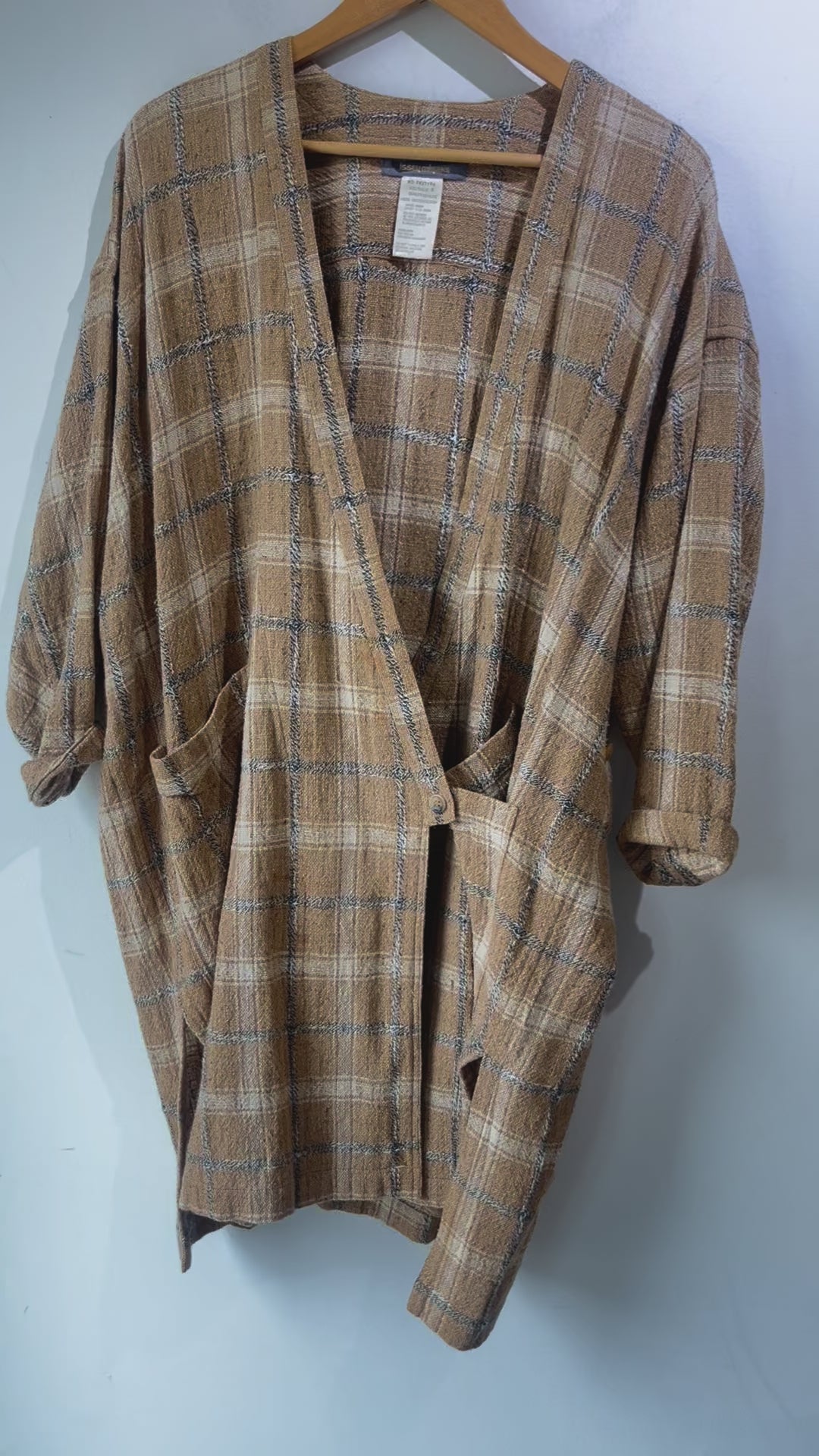 Issey Miyake Brown Plaid Linen Duster Jacket