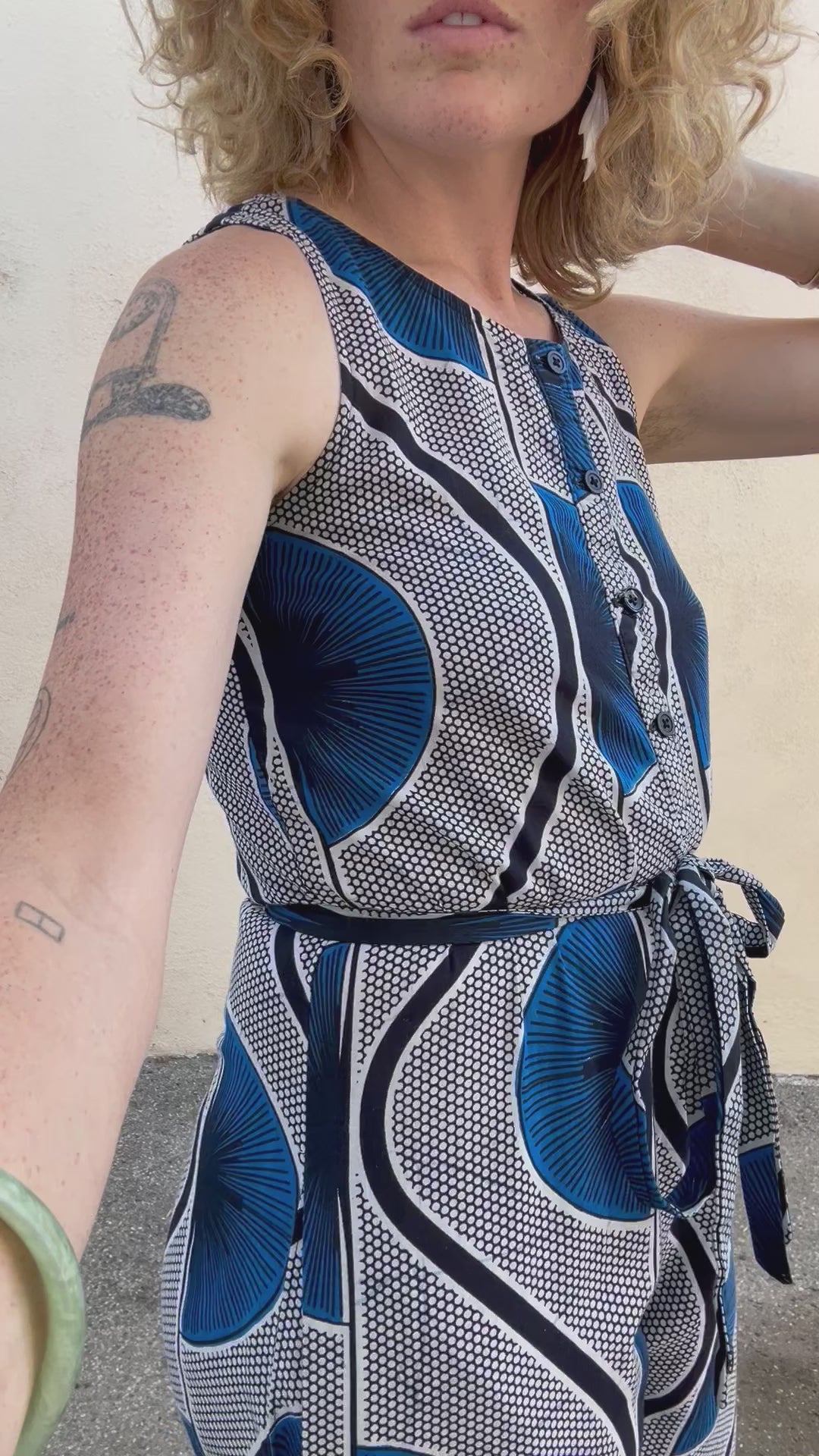 Blue Geometric Print Sleeveless Jumpsuit