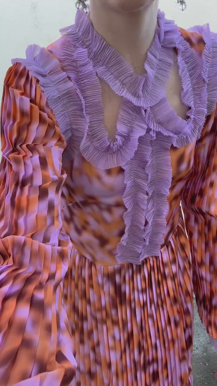 Inshade Orange and Purple Pleated Ruffly Dress