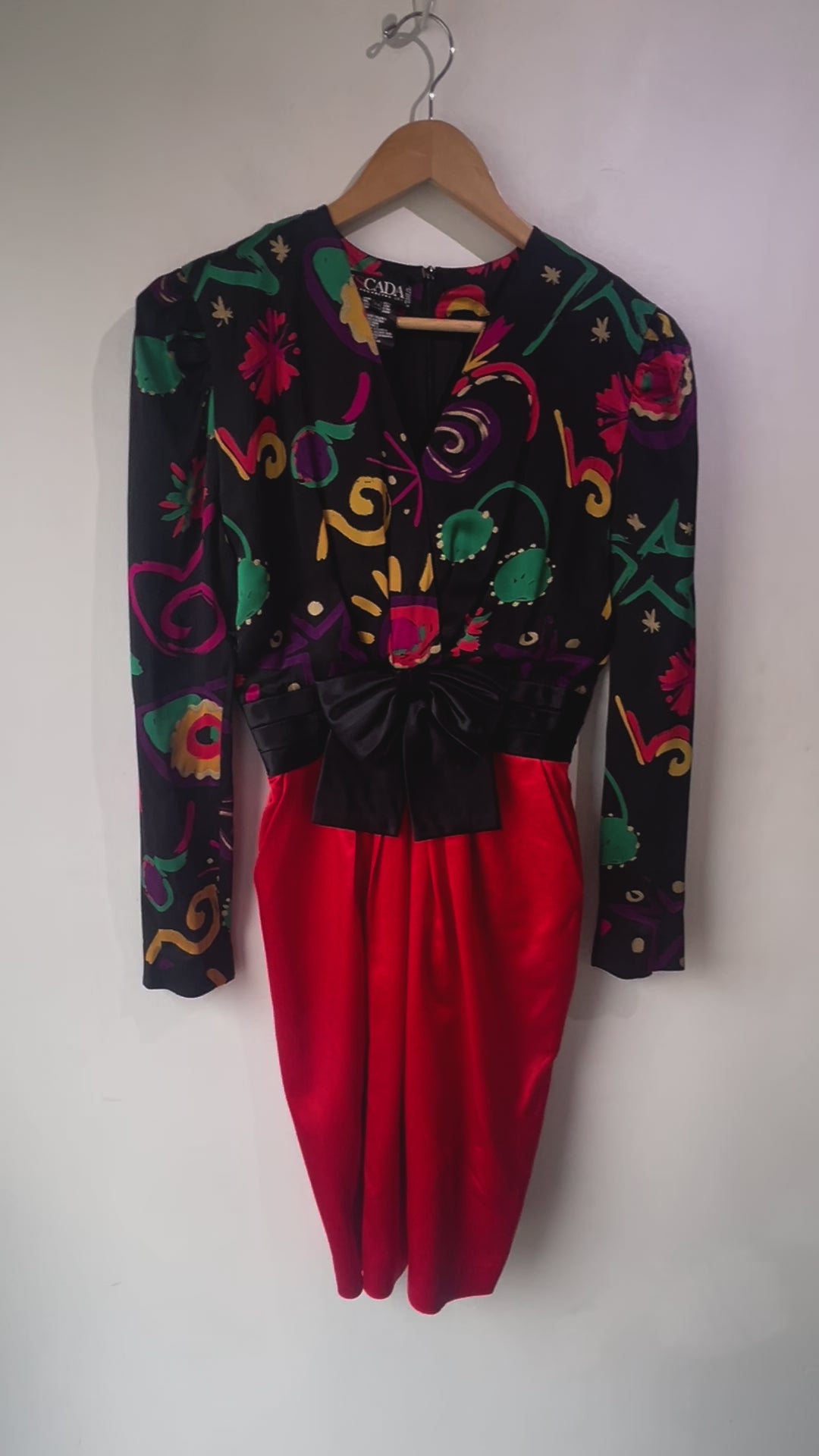 Escada Black and Red Abstract Floral Dress with Bow