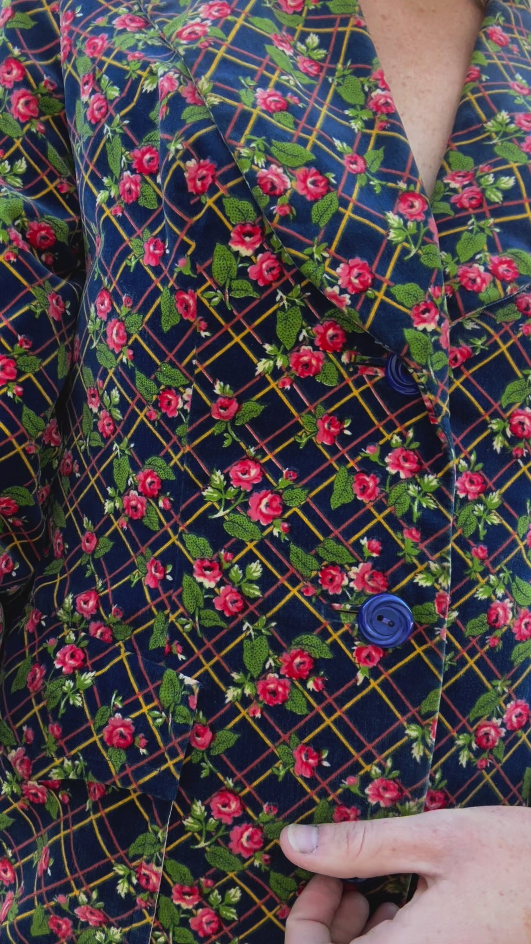 Vintage Blue Rose Print Velvet Jacket