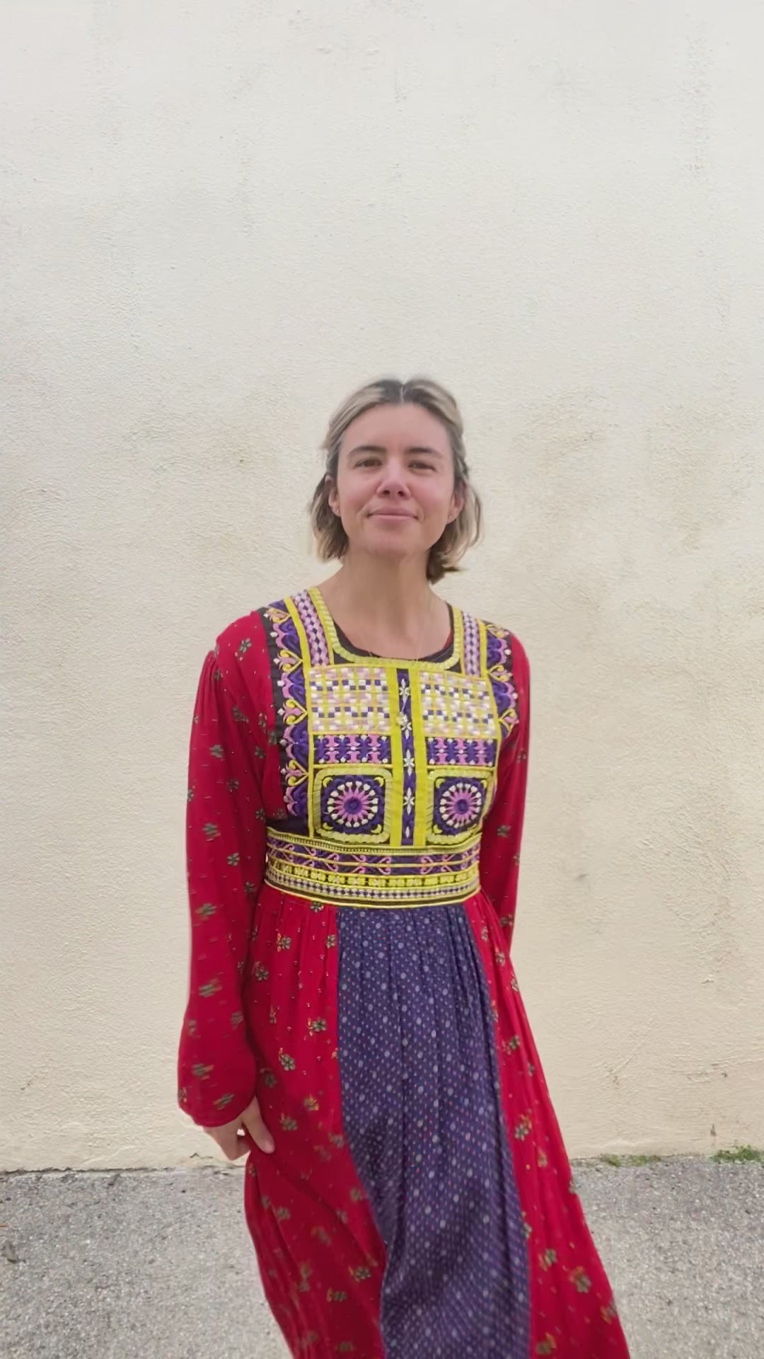 Vintage Embroidered Afghani Mixed Print Midi Dress