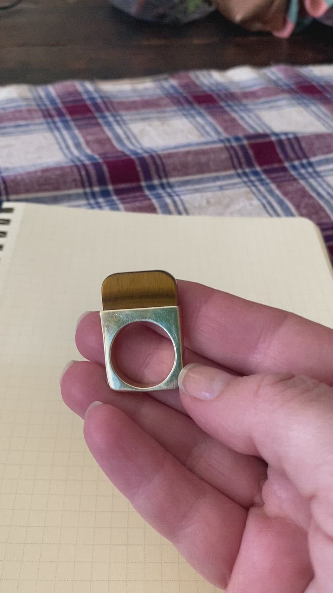 Modernist 14K Gold Square Ring with Tiger Eye Stamped Ronay