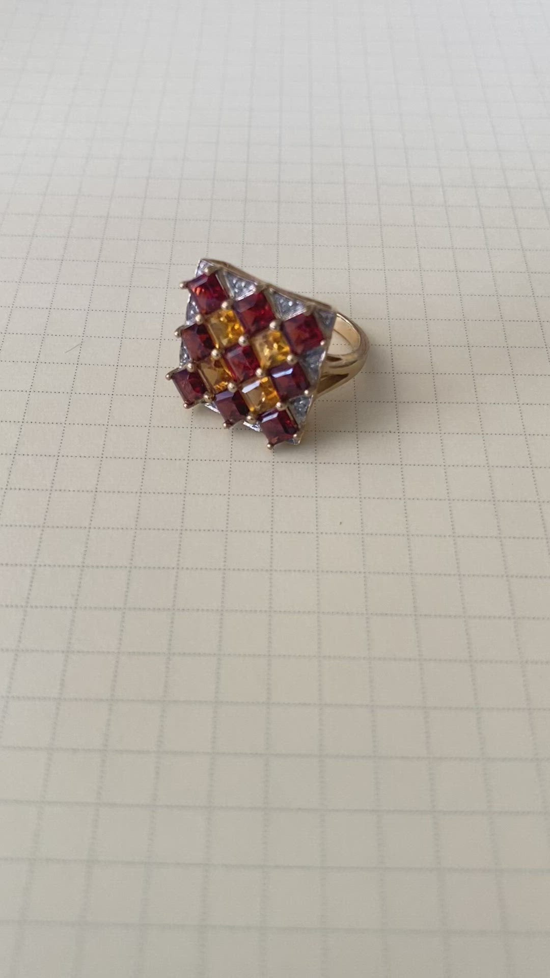 Vintage 10K Gold Cocktail Ring Checkerboard Citrine and Garnet