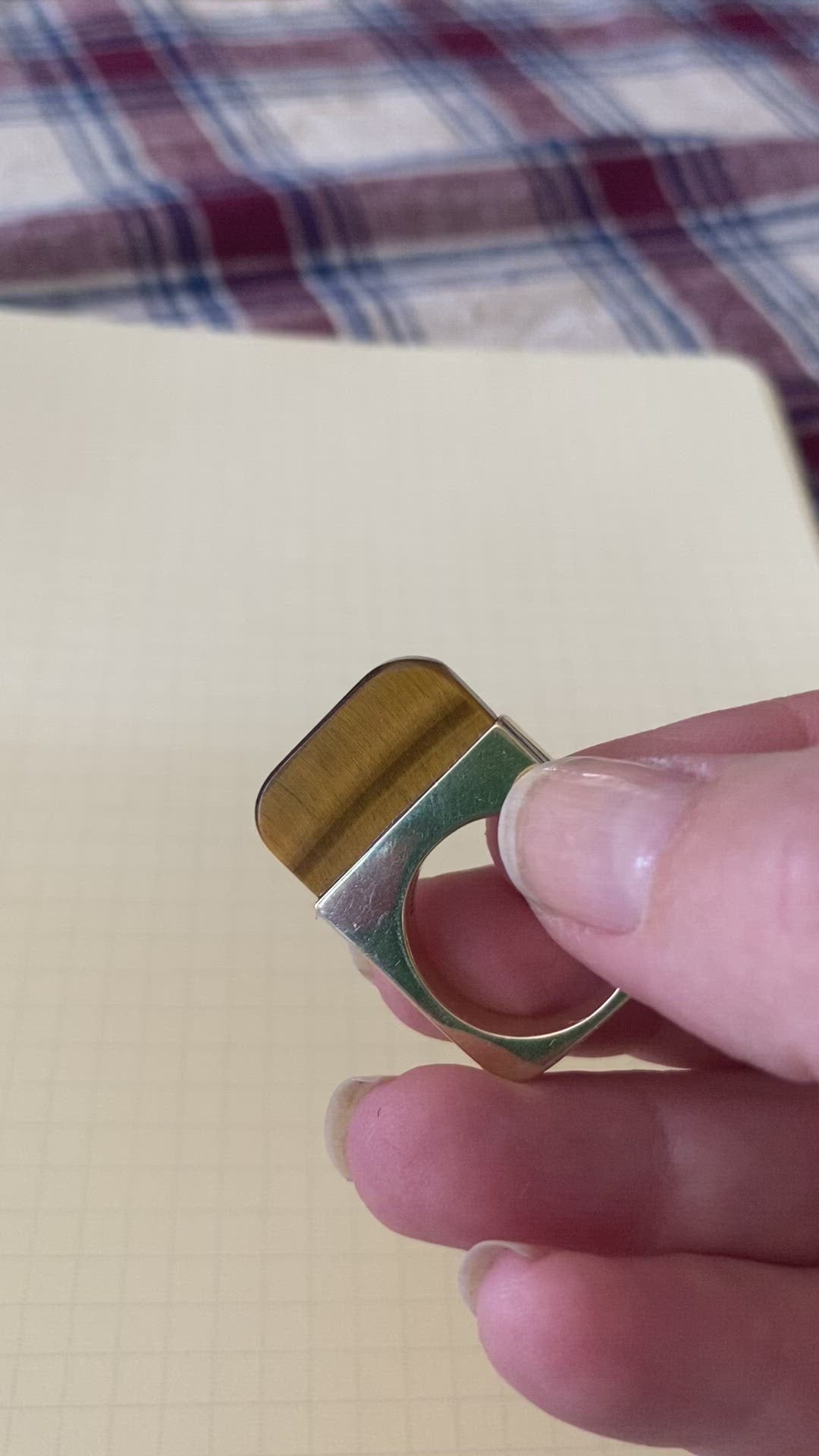 Modernist 14K Gold Square Ring with Tiger Eye Stamped Ronay