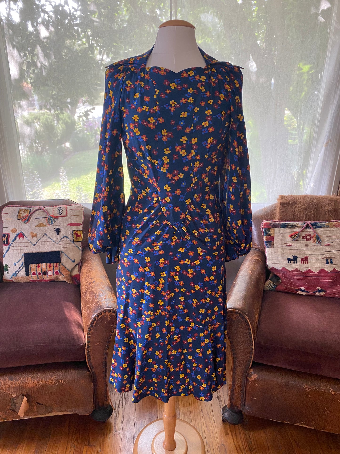 Vintage Ossie Clark Navy Blue Floral Silk Dress - The Curatorial Dept.