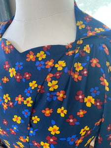 Vintage Ossie Clark Navy Blue Floral Silk Dress - The Curatorial Dept.