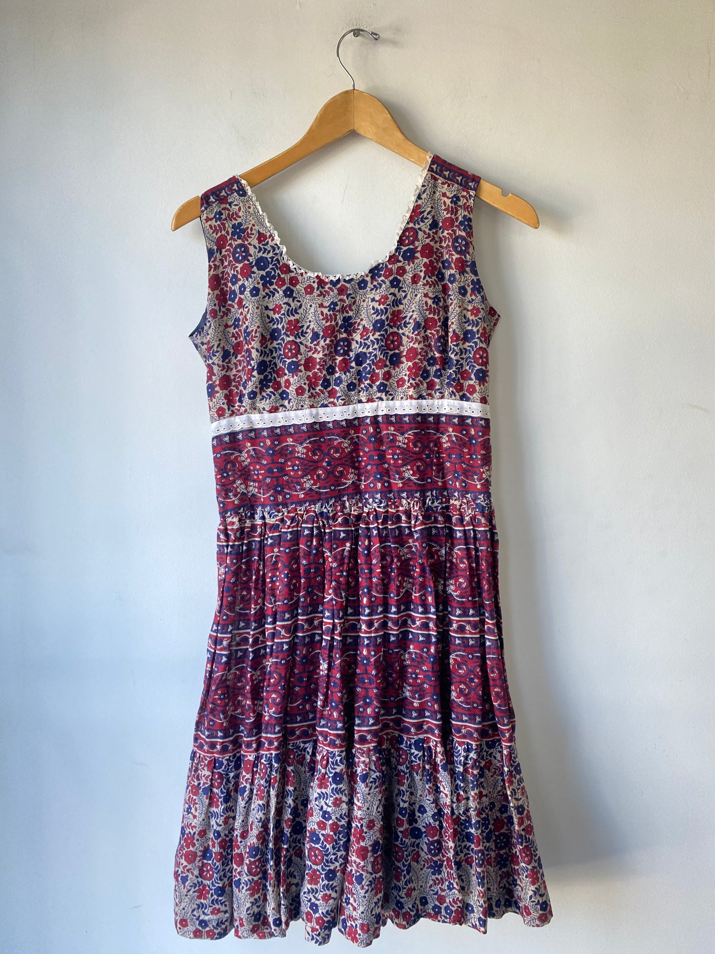 Vintage Blue and Maroon Block Print Floral Dress - The Curatorial Dept.